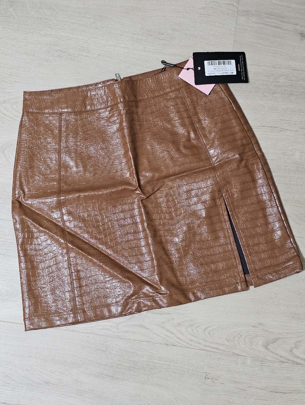 PLT Cognac Faux-Leather Croc Mini Skirt with Front Slit